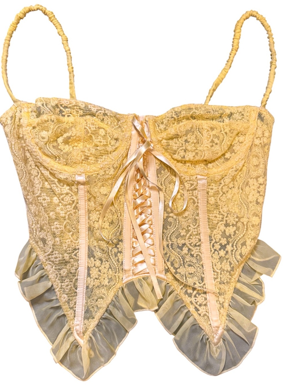 GUIZIO Delicate Yellow Lace Corset Top with Ruffle Hem X-Small (stain)